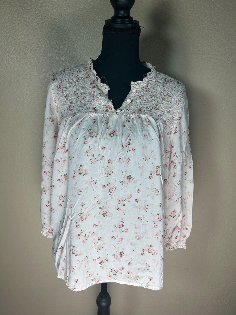 Cynthia Rowley Cream Peasant Blouse with Pink Floral Print